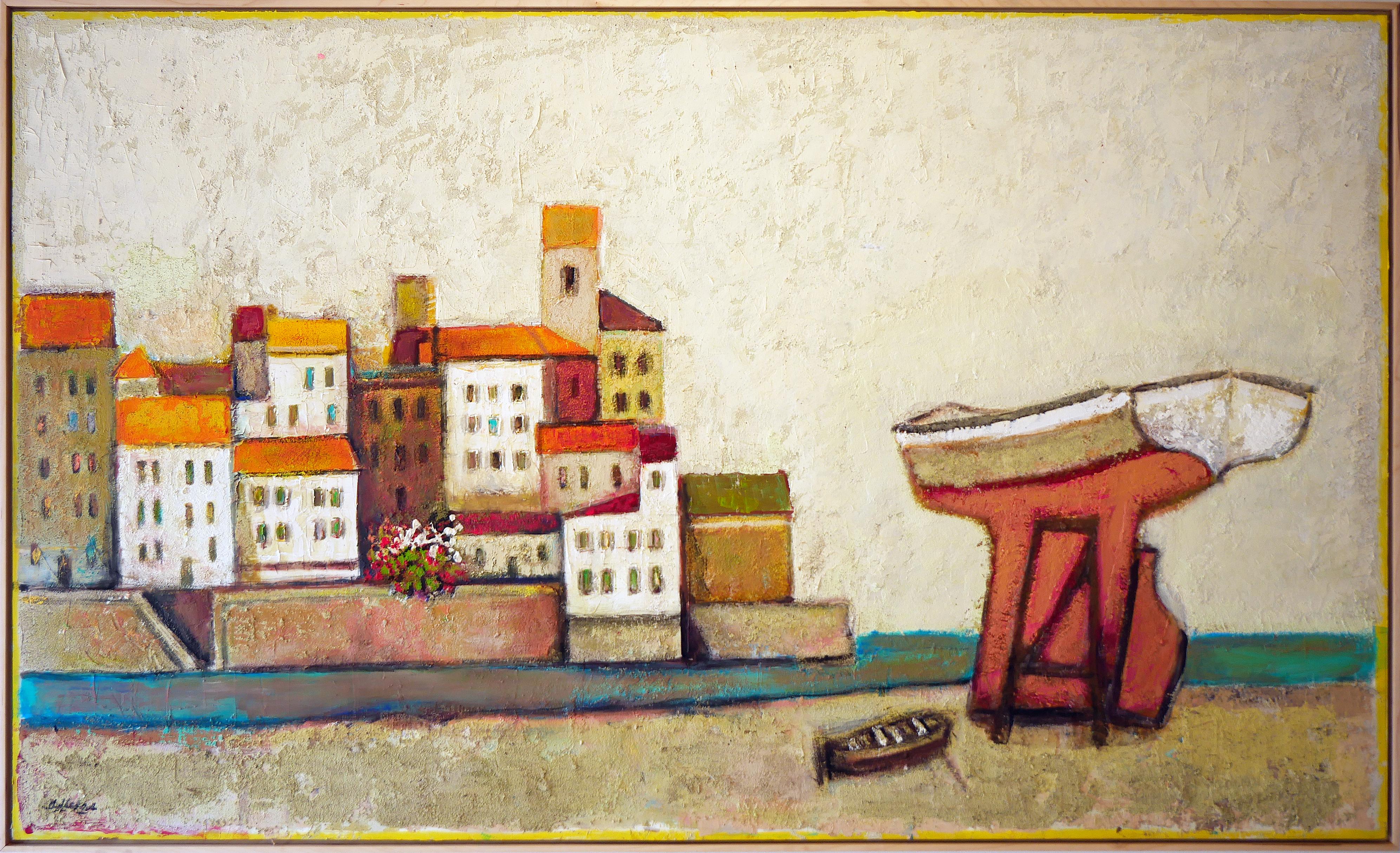 Landscape Painting di David Adickes - Villaggio astratto moderno dai toni caldi in riva all'oceano con paesaggio di barche