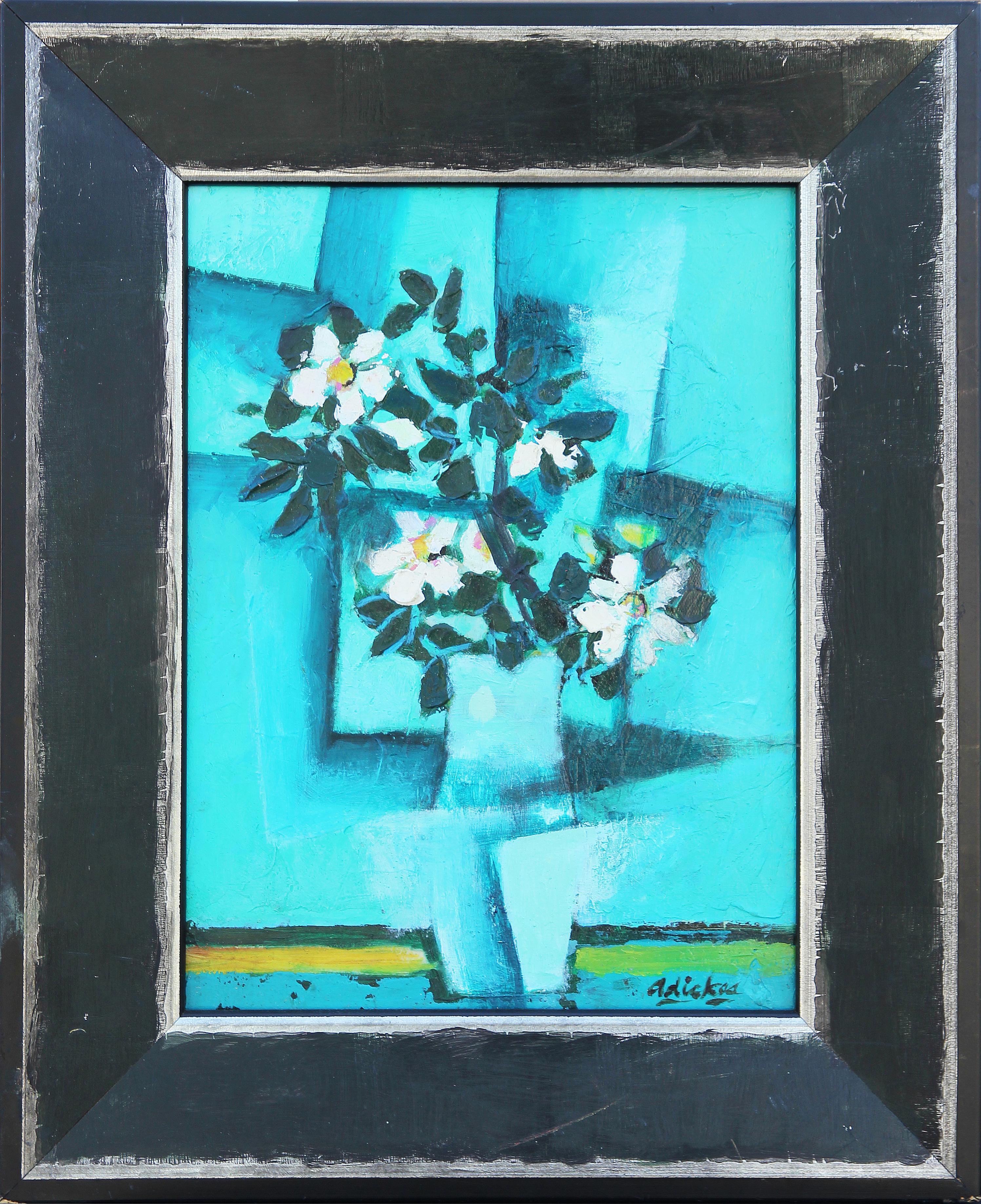 David Adickes Still-Life Painting - "White Flowers Against Blue" Blue Toned Flowers Still Life Abstract Painting