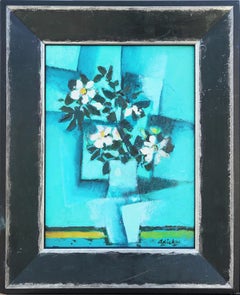 "White Flowers Against Blue" Blue Toned Flowers Still Life Abstract Painting