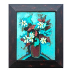 "Fiori bianchi contro il turchese" Pittura moderna astratta di natura morta floreale