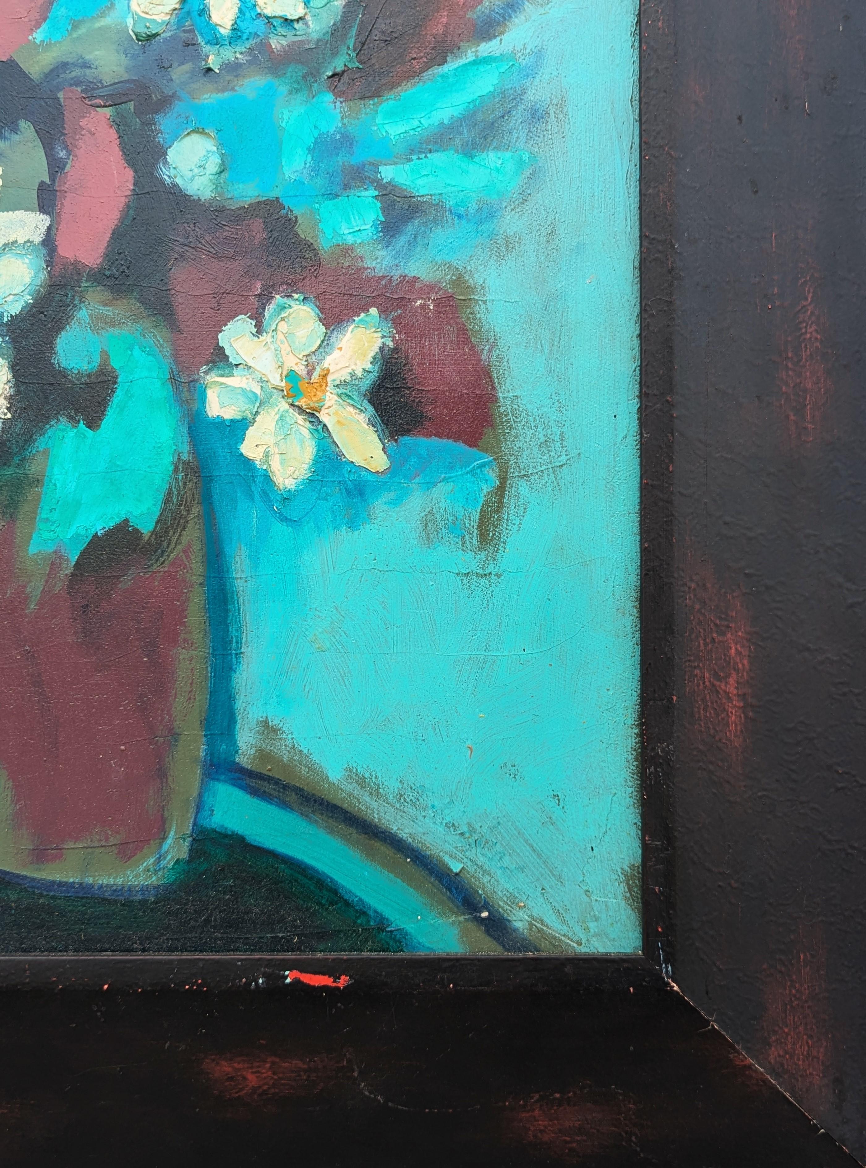 Natura morta di ispirazione cubista moderna dipinta dall'iconico artista di Houston David Adickes. L'opera presenta una natura morta floreale astratta di fiori bianchi in un vaso su uno sfondo turchese. Conserva l'etichetta originale dello Studio A.