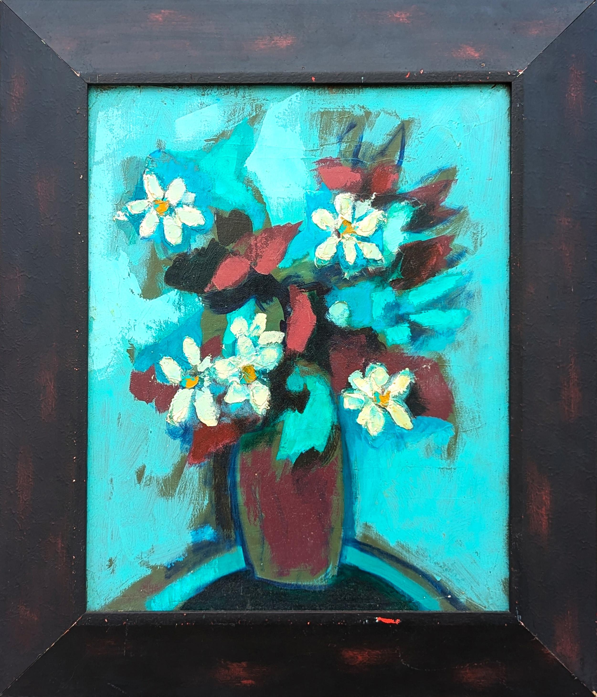 "Flores blancas contra turquesa" Pintura abstracta moderna de bodegón floral