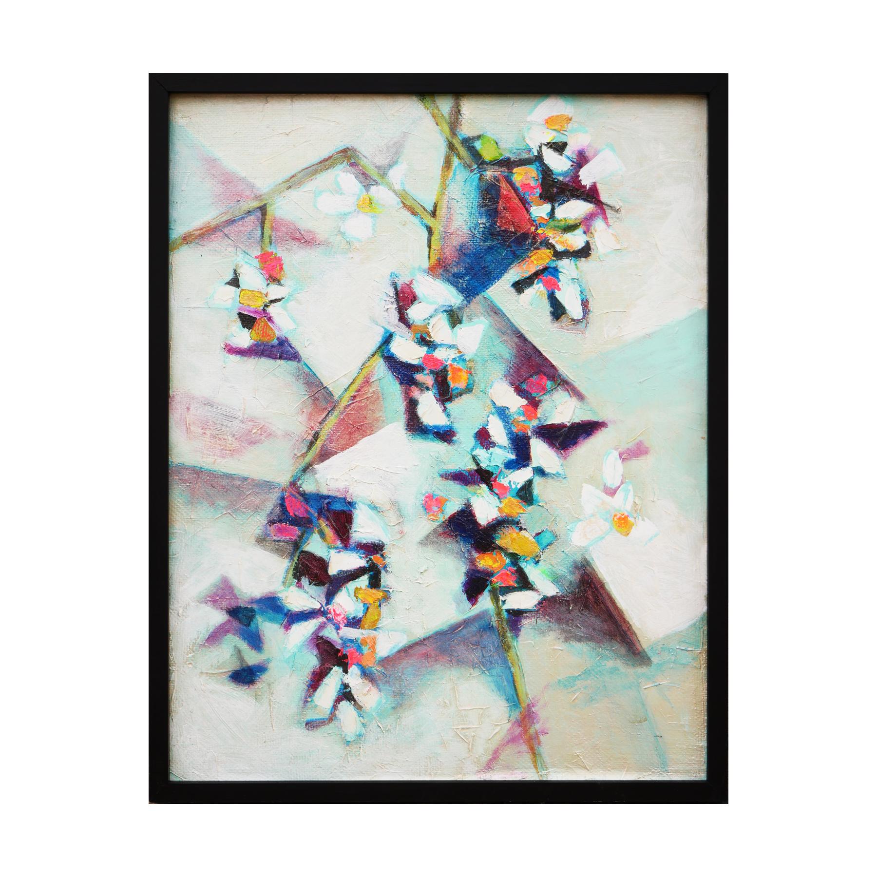 Pastel-toned abstract cubist floral still life by Houston, TX artist David Adickes. The painting depicts orange, purple, and yellow flowers against a pastel-toned cubist background. Unsigned. Framed in a modern black frame. 

Dimensions Without