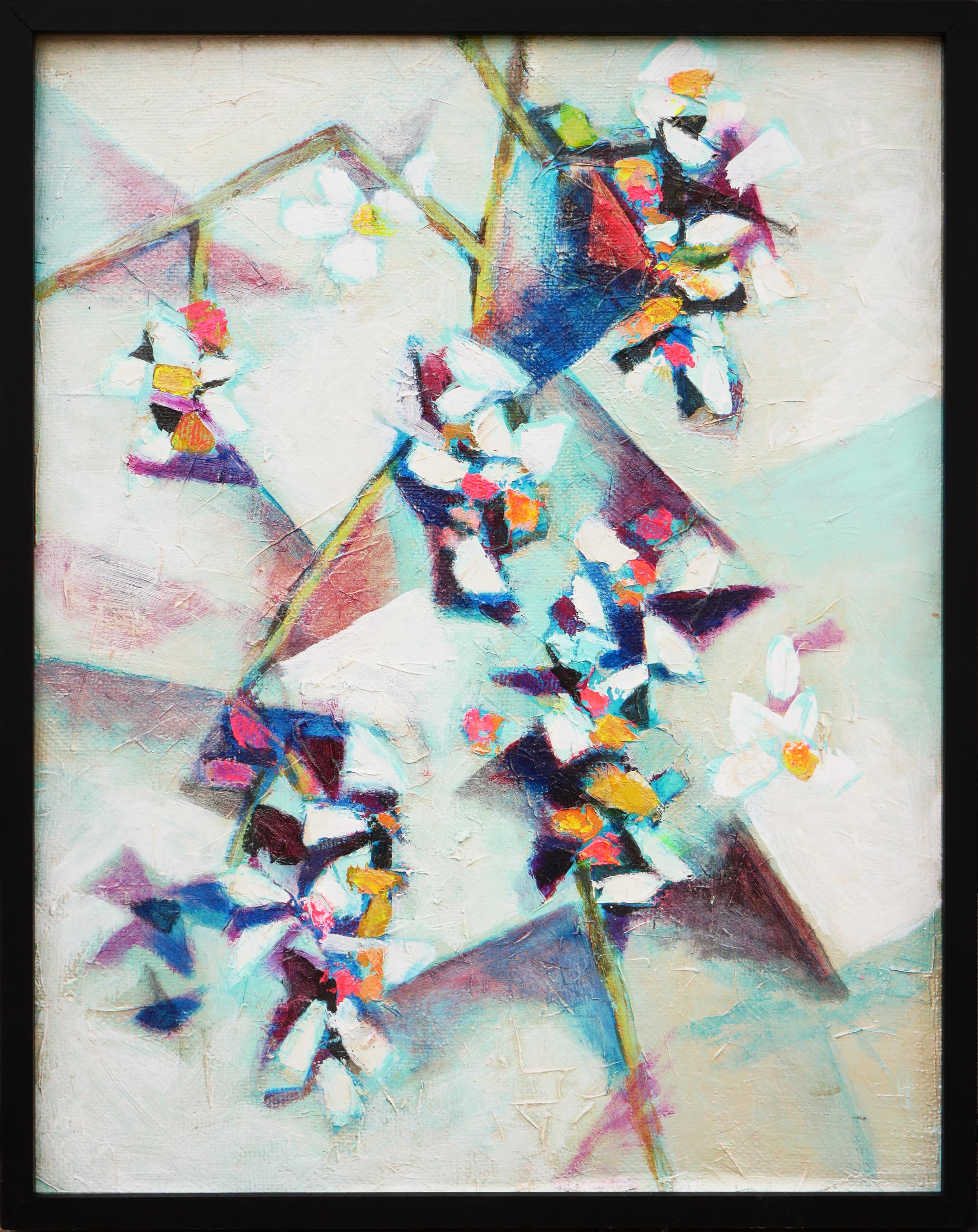 David Adickes Abstract Painting - "White Flowers Cubist" Pastel-Toned Abstract Still Life Painting
