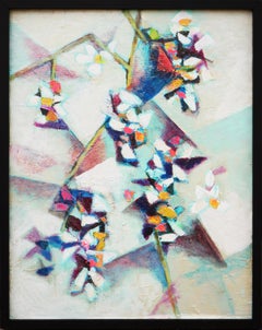 "White Flowers Cubist" Pastel-Toned Abstract Still Life Painting