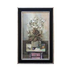 "White Flowers on Chest" Gray, Purple, and White Floral Still Life Painting