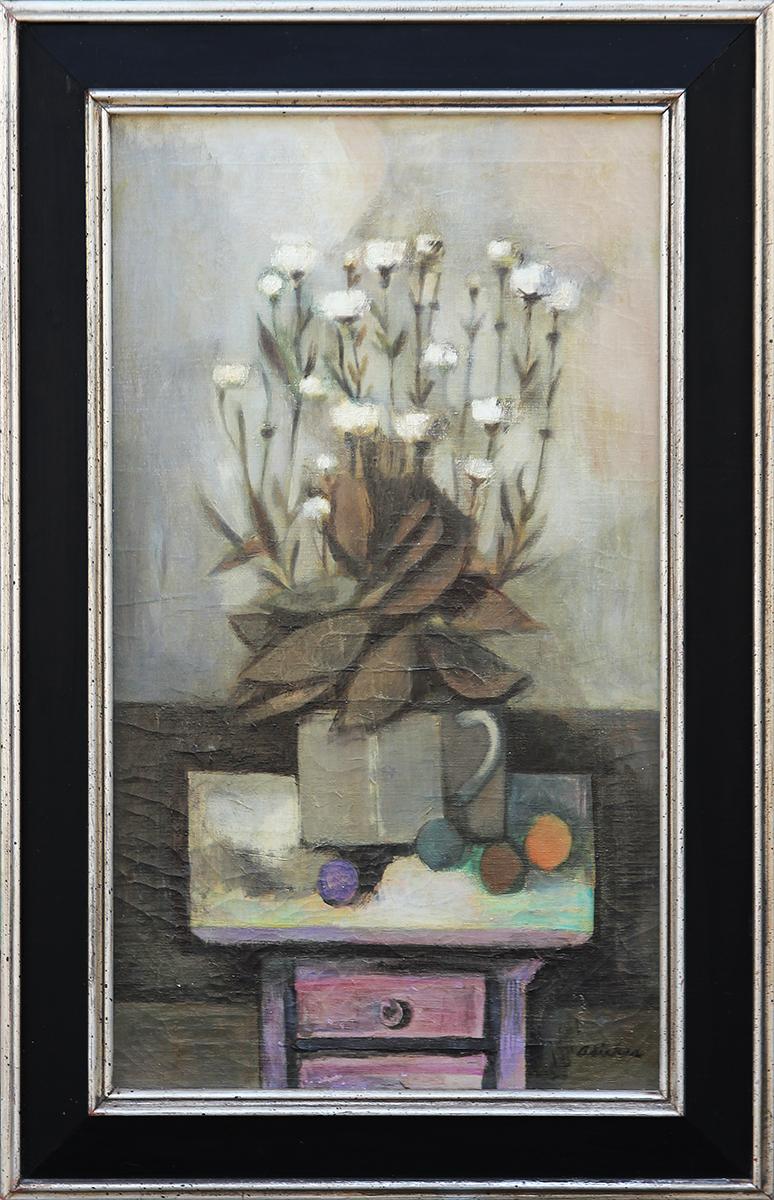 David Adickes Still-Life Painting - "White Flowers on Chest" Gray, Purple, and White Floral Still Life Painting
