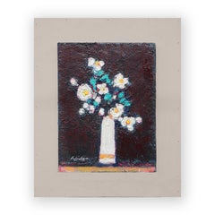 "Fiori bianchi, vaso bianco" Pittura moderna astratta di natura morta floreale di margherite