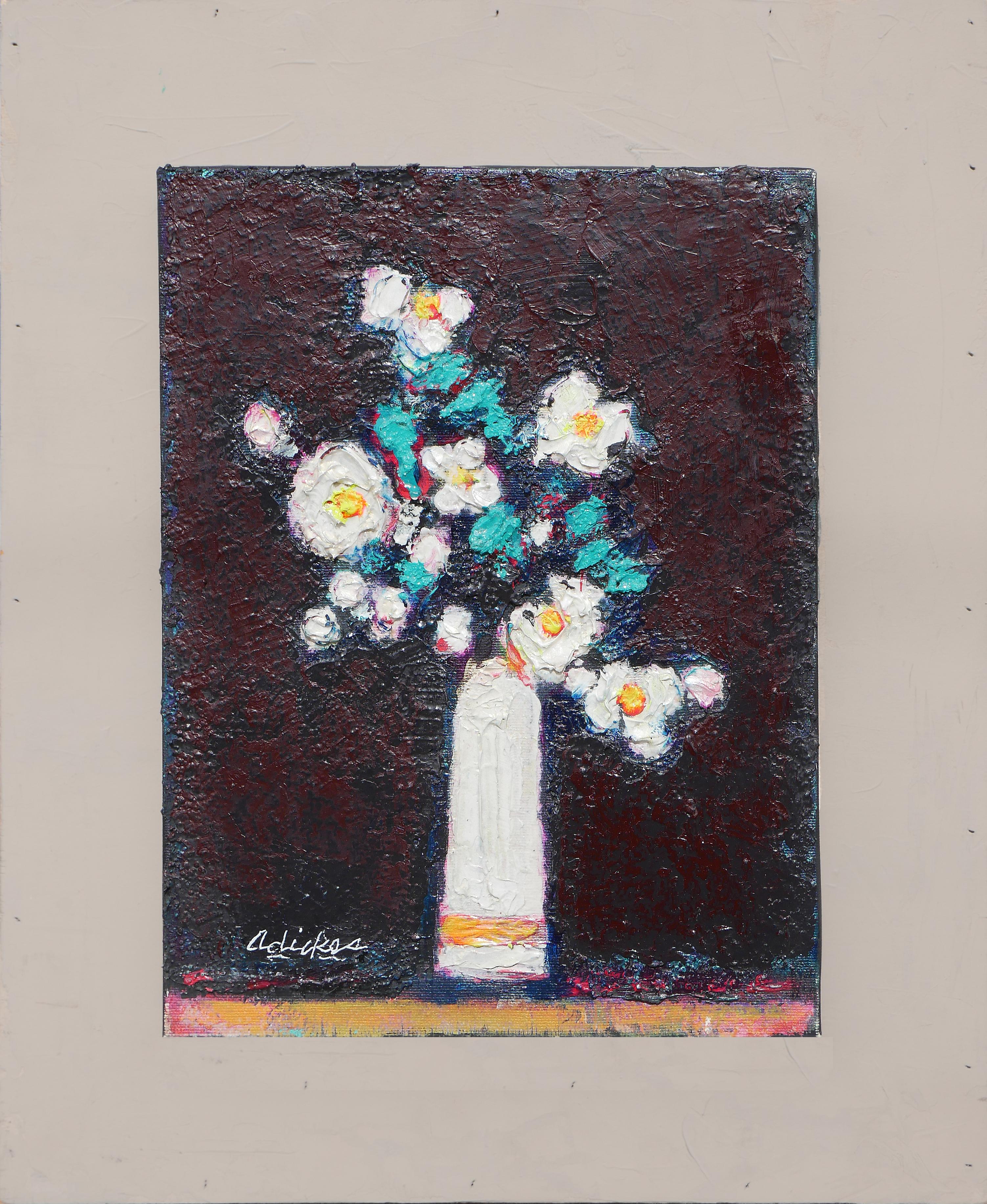 David Adickes Abstract Painting - "White Flowers, White Vase" Modern Abstract Floral Still Life Painting of Daises