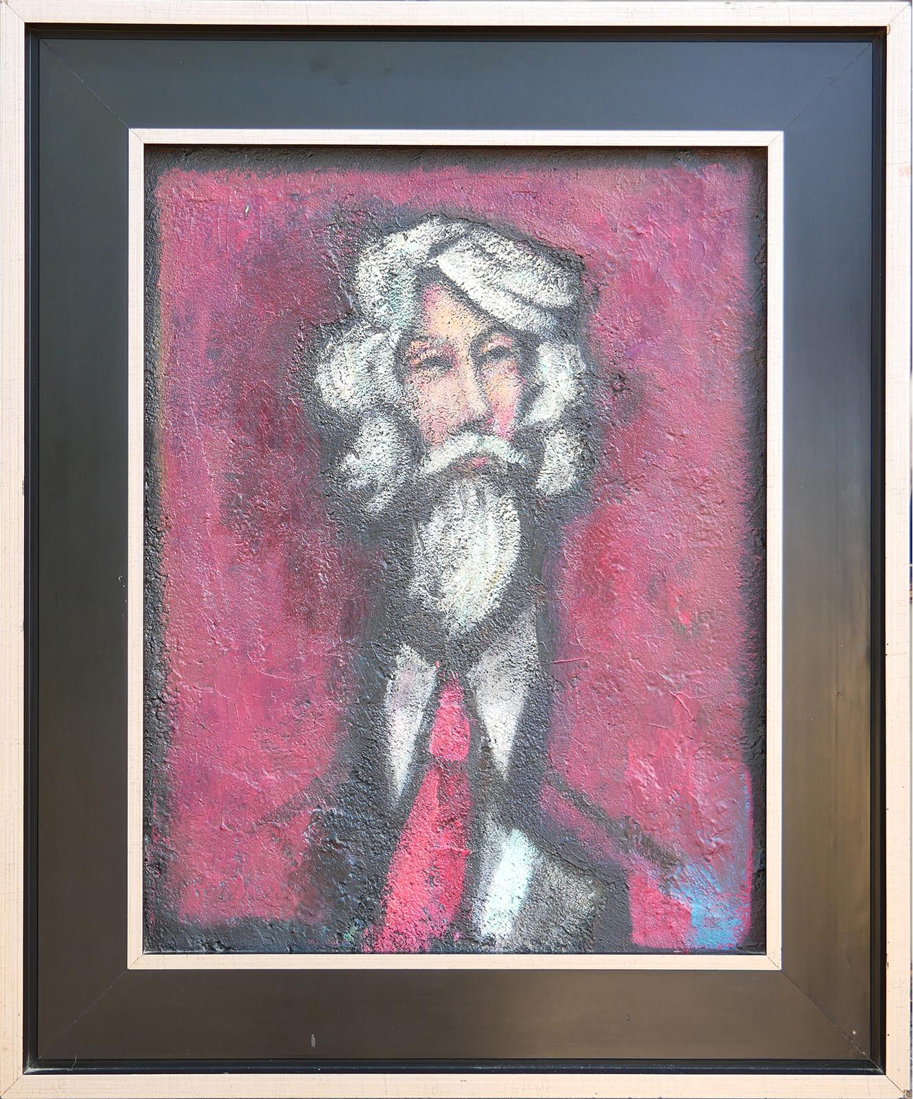 Modern abstract figurative portrait painting by Houston, TX artist David Adickes. The work features a central bearded male figure set against a red background. Currently hung a decorative black frame.

Dimensions Without Frame: H 17.5 in. x W 13.5
