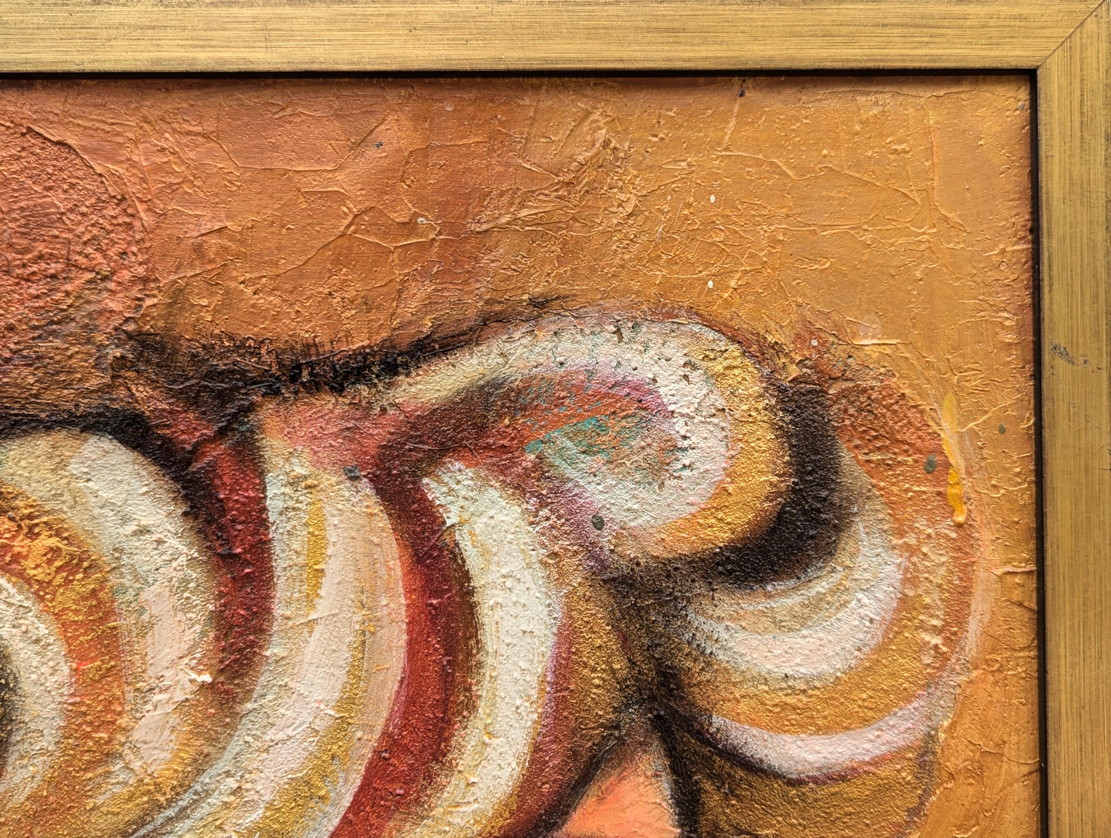 Pintura figurativa de inspiración cubista moderna del icónico artista David Adickes, afincado en Houston. La obra muestra el perfil lateral de una figura femenina con el pelo arremolinado, salvaje y de tonos cálidos. Firmado en la esquina inferior