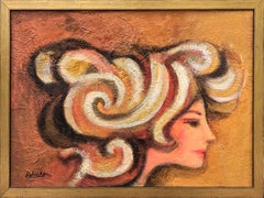 "Wild Hair Against Gold" Modern Colorful Warm Toned Female Portrait Painting