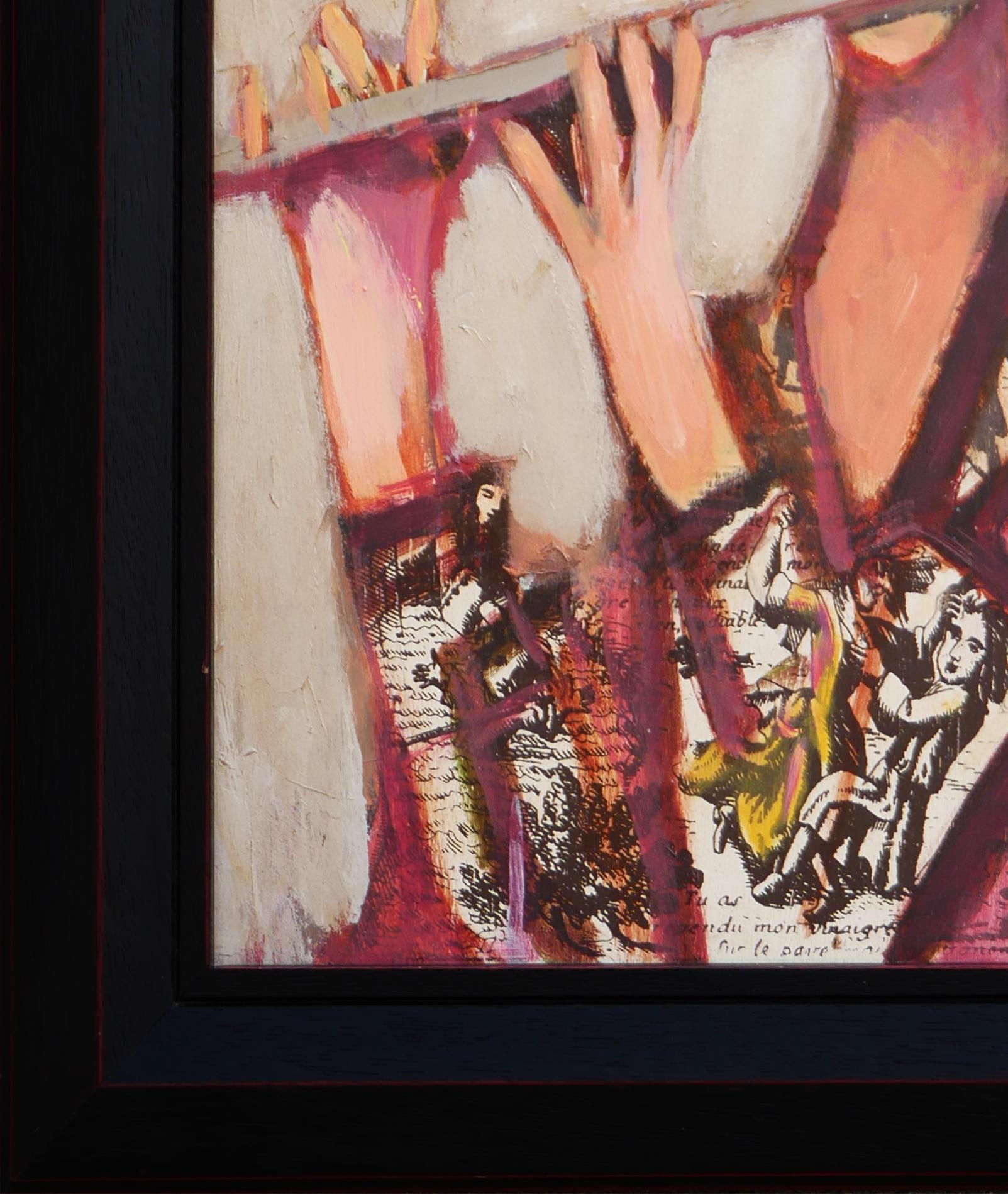 Ritratto astratto moderno dell'artista David Adickes di Houston, TX. L'opera presenta una figura femminile centrale che suona il flauto con un grande uccello bianco e rosso sulla testa su uno sfondo grigio. Firmato dall'artista nell'angolo anteriore