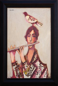 "Flautista con Pájaro" Retrato Figurativo Abstracto Moderno de un Músico