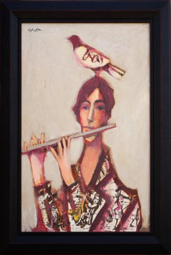 "Flutist with Bird" Modern Abstract Figurative Portrait Painting of a Musician