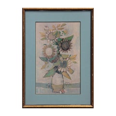 Vintage Impressionist Sunflower Floral Still Life Pencil Signed Print