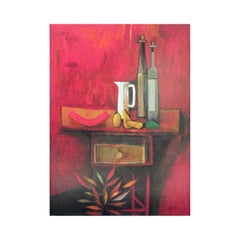 “Red Room, White Pitcher” Red Toned Interior Still Life