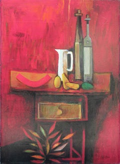 “Red Room, White Pitcher” Red Toned Interior Still Life