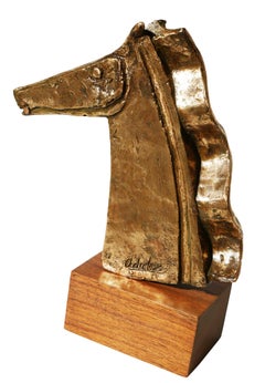 Abstract Modernist Equestrian Horse Bust Bronze Sculpture on Wooden Base