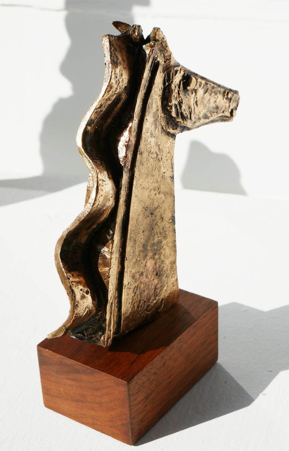 Abstract Modernist Equestrian Horse Bust Bronze Sculpture on Wooden Base 1