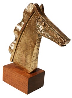 Abstract Modernist Equestrian Horse Bust Bronze Sculpture on Wooden Base