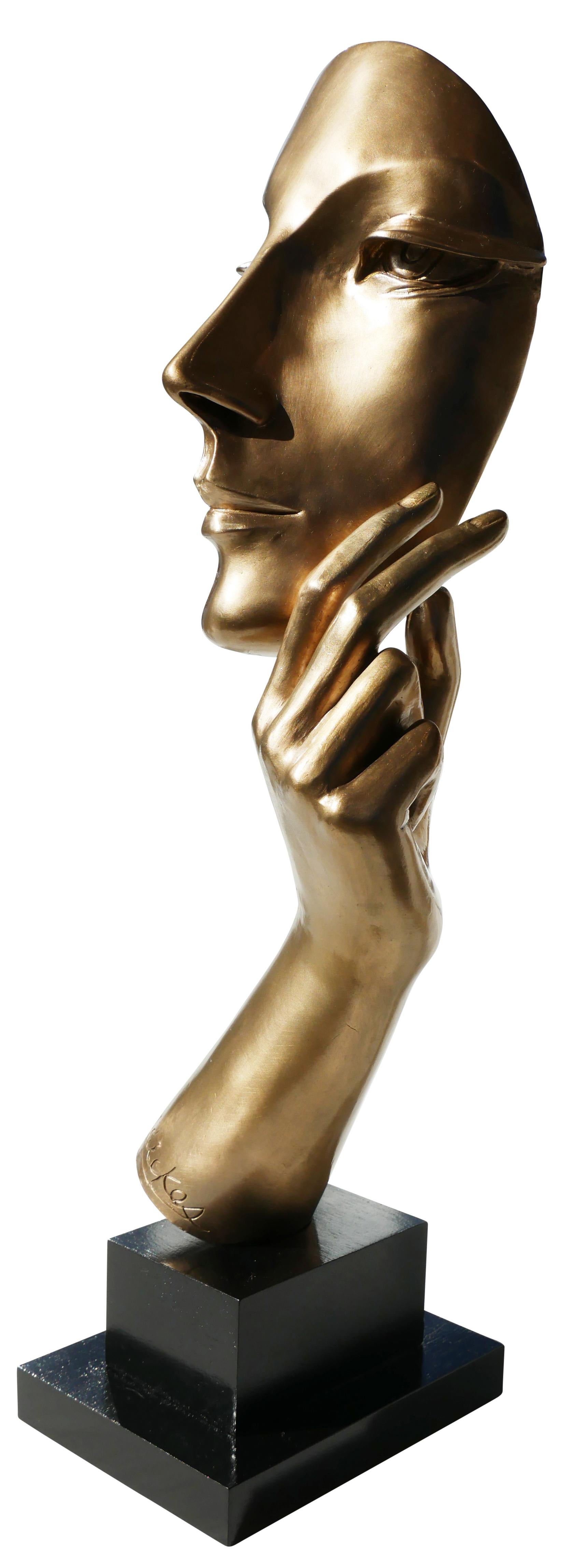 Abstract Modernist Female Face with Arm Bronze Sculpture - Brown Abstract Sculpture by David Adickes