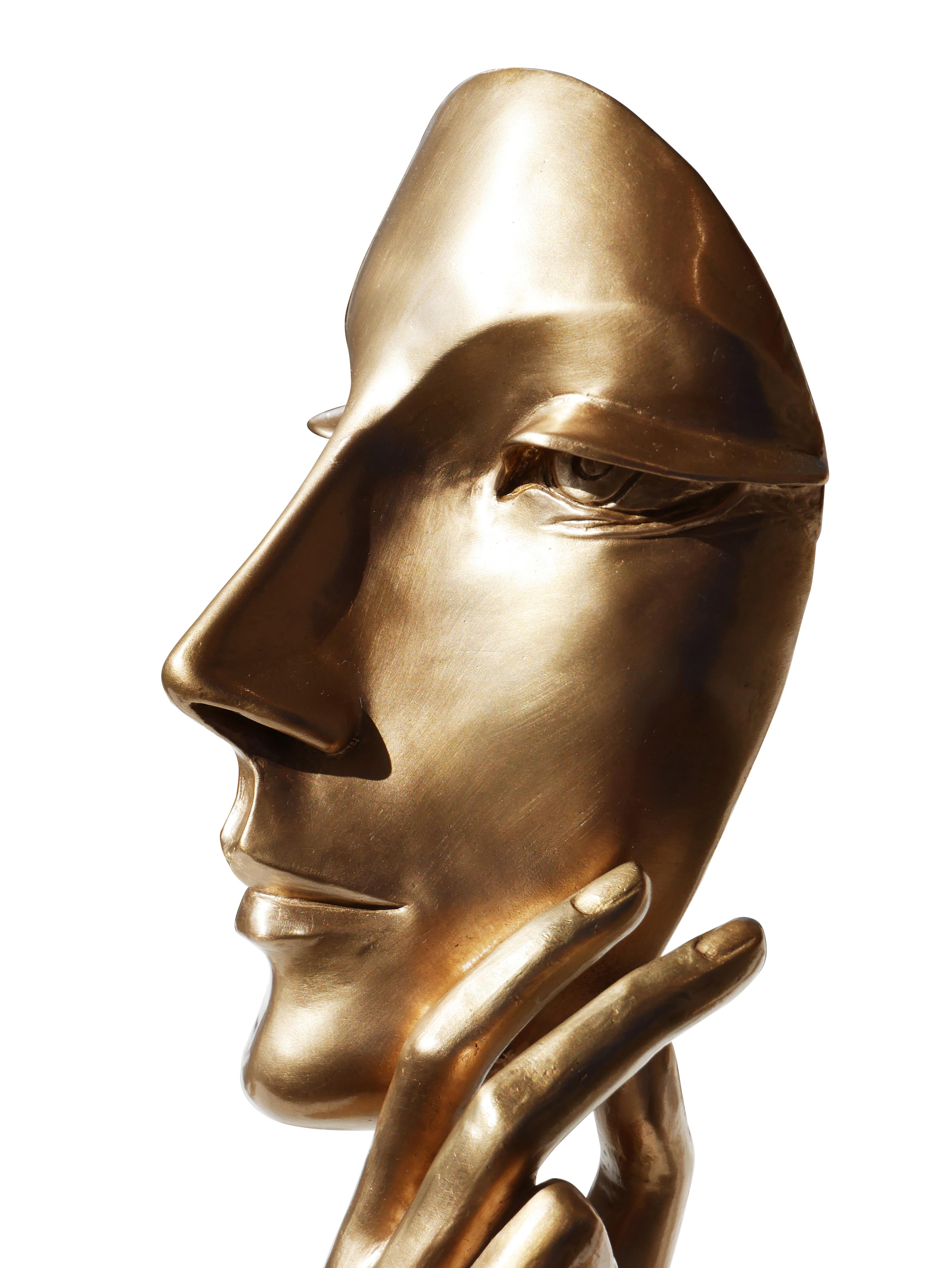Abstract modernist figurative bronze sculpture by Houston, TX artist David Adickes. This sculpture depicts an abstract mask or face supported by an arm. The main sculpture rests on top of a wooden base. Signed by the artist at the bottom of the arm.