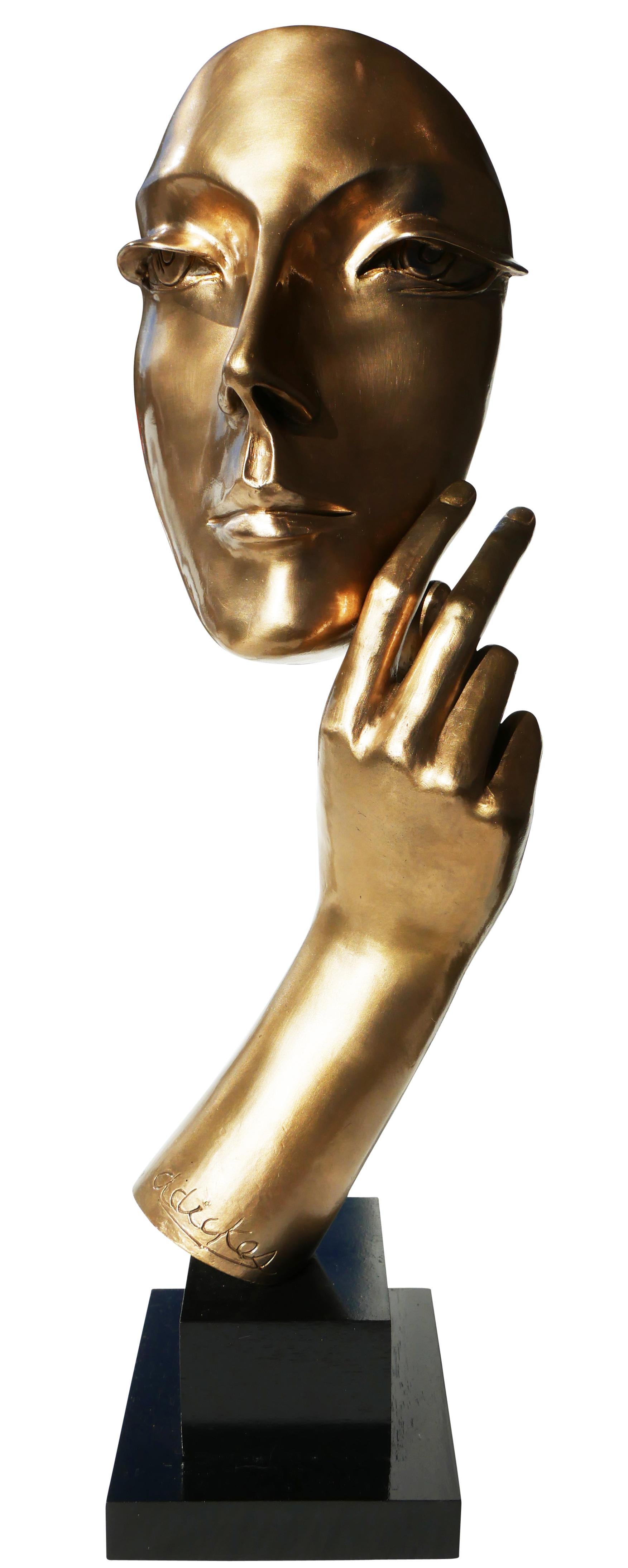 David Adickes Abstract Sculpture - Abstract Modernist Female Face with Arm Bronze Sculpture