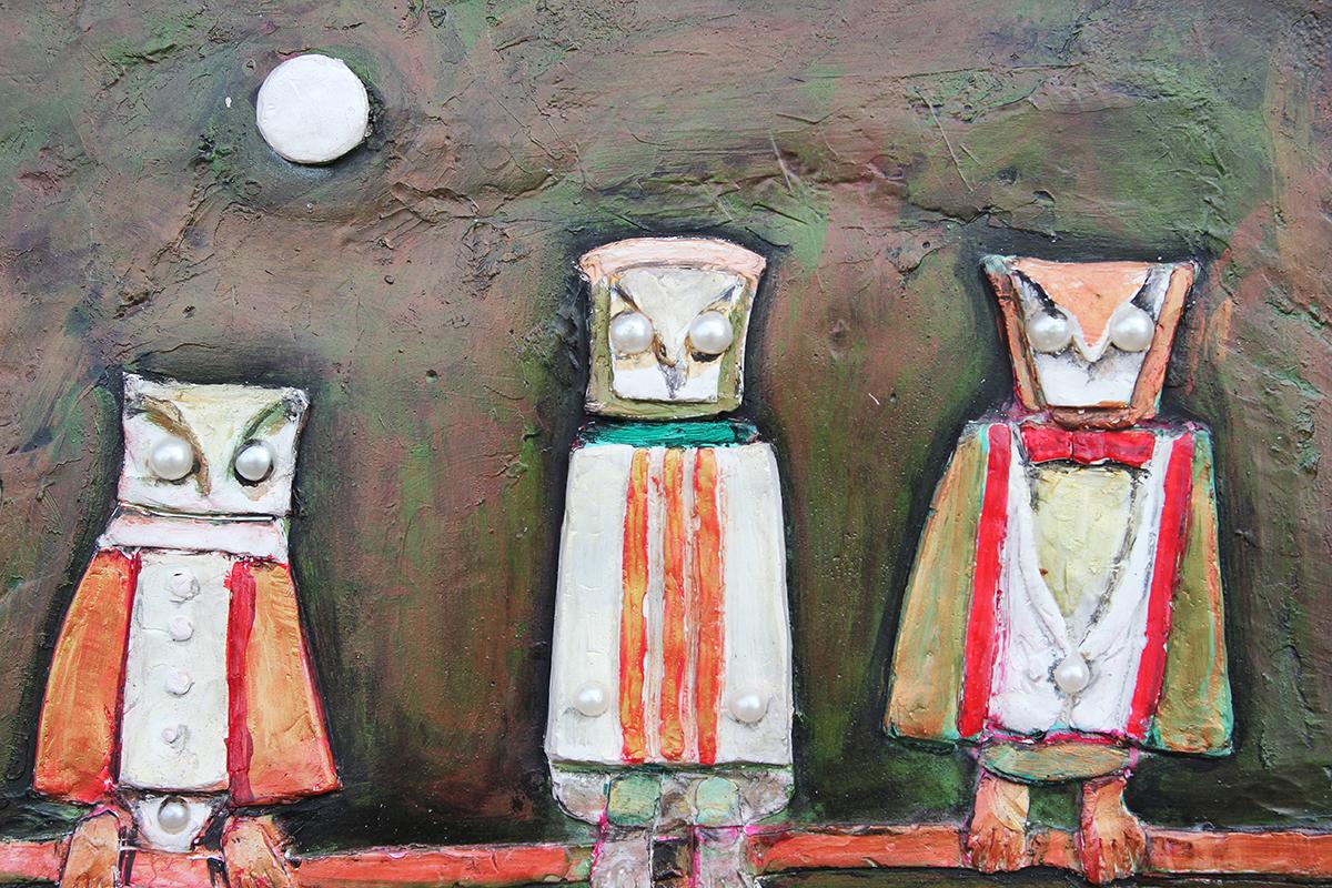 Dark Green and White Abstract Mixed Media Painting of Three Owls on a Branch 2