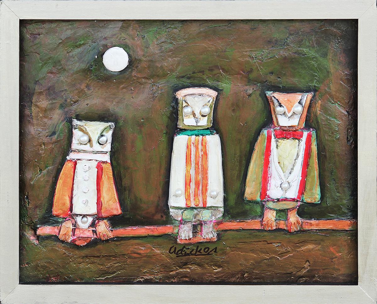Dark Green and White Abstract Mixed Media Painting of Three Owls on a Branch