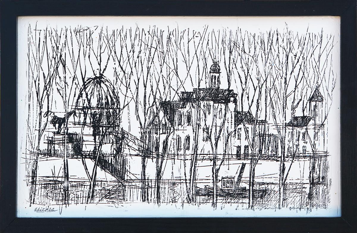 “French Village” Black and White Church Landscape Relief Casting 2