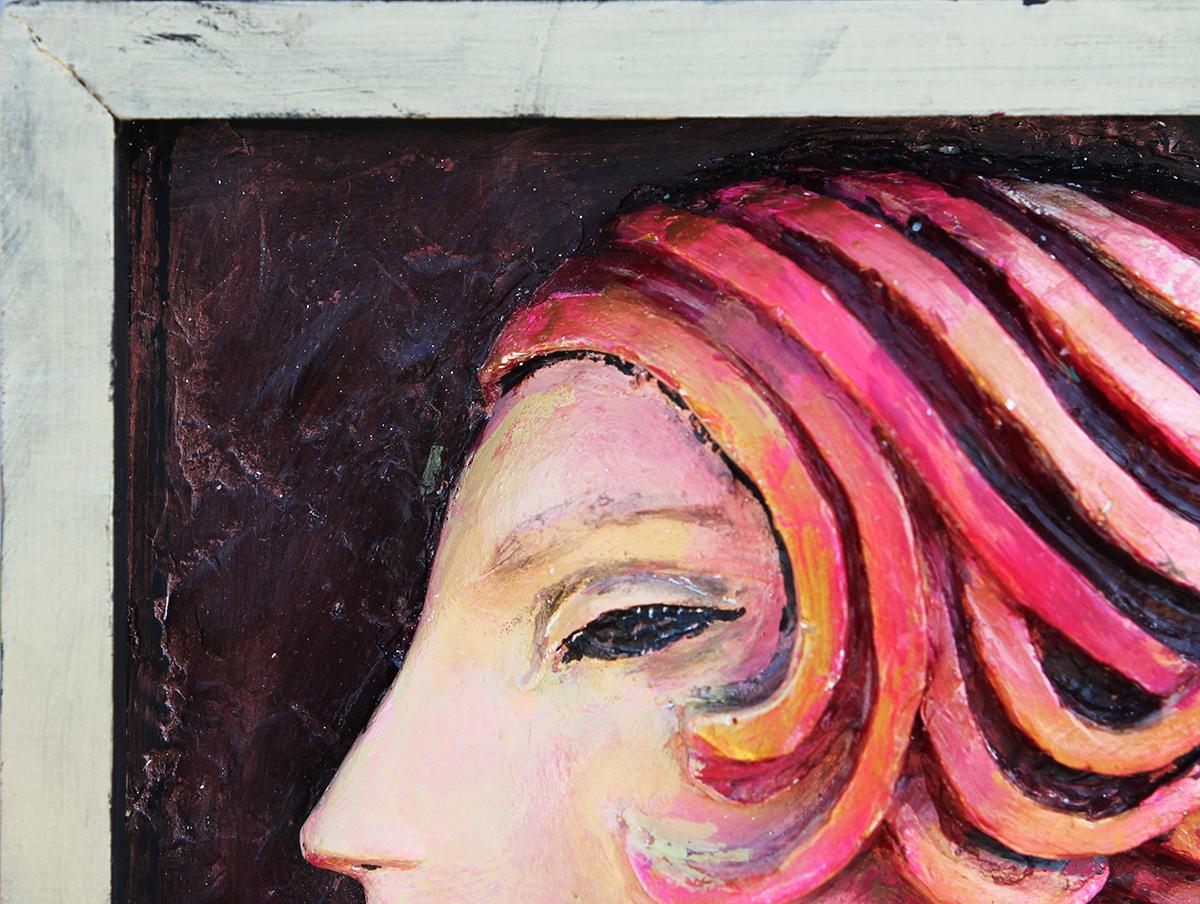 “Lady with Wild Red Hair” Framed 3D Wall Sculpture of a Female Face 2