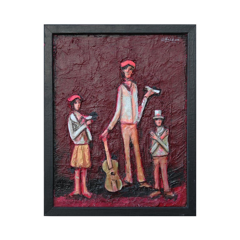 Red Abstract Figurative Mixed Media Cast Stone Painting of Three Musicians - Sculpture by David Adickes