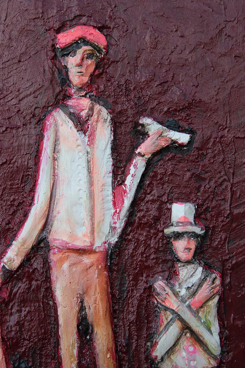 Red-toned abstract figurative cast stone relief sculpture by Houston, TX artist, David Adickes. This work depicts three-band performers with matching clothing against a deep dark red background. Signed by the artist at the top right corner. Framed