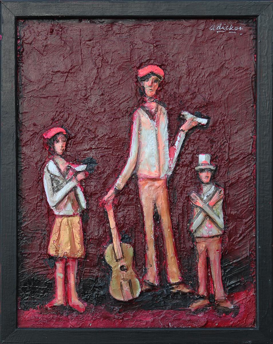 Red Abstract Figurative Mixed Media Cast Stone Painting of Three Musicians