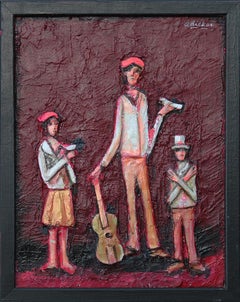 Red Abstract Figurative Mixed Media Cast Stone Painting of Three Musicians