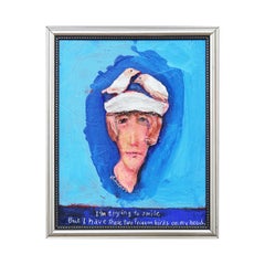 Small Blue Toned Abstract Figurative Relief Portrait of a Man with Two Birds