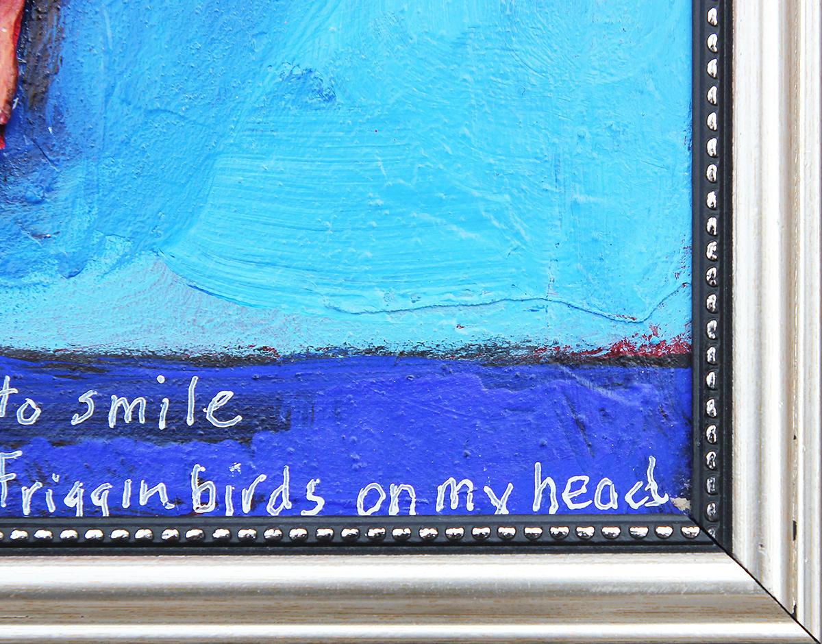 Blue figurative cast stone portrait by Houston artist David Adickes. The work features an abstract man with two birds sitting on his head with the quote along the bottom: 