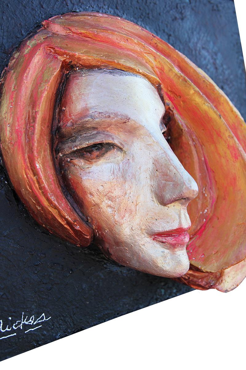 Small Square Three Dimensional Relief Wall Sculpture of a Female Face - Black Figurative Sculpture by David Adickes