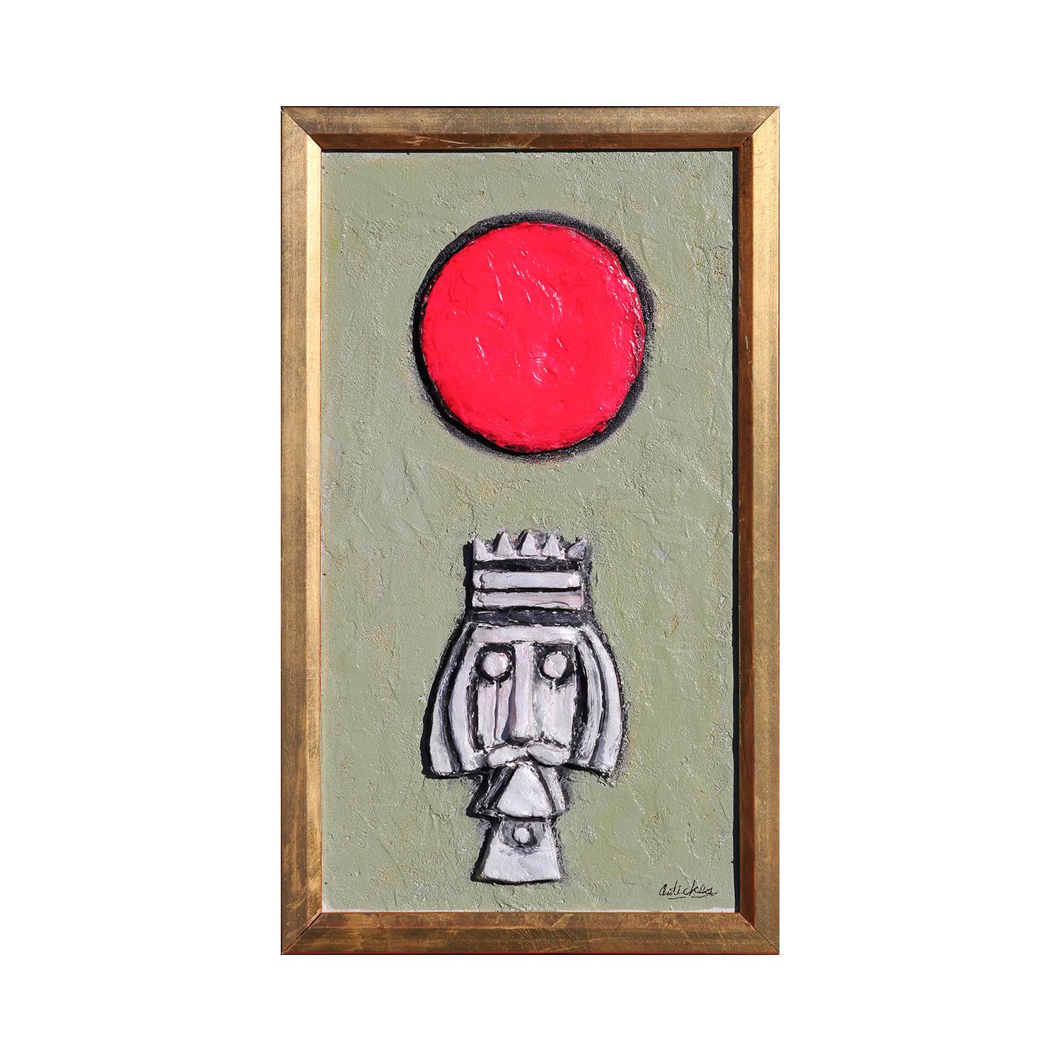 Small longitudinal abstract figurative mixed media painting depicting a king's head in white & black and a bright red sun against a light sea green background. Signed by artist at the bottom right. Framed in a gold wooden frame.

Dimensions Without