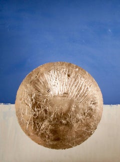 "Sedona" - abstract painting, blue and beige colors with gold planet 