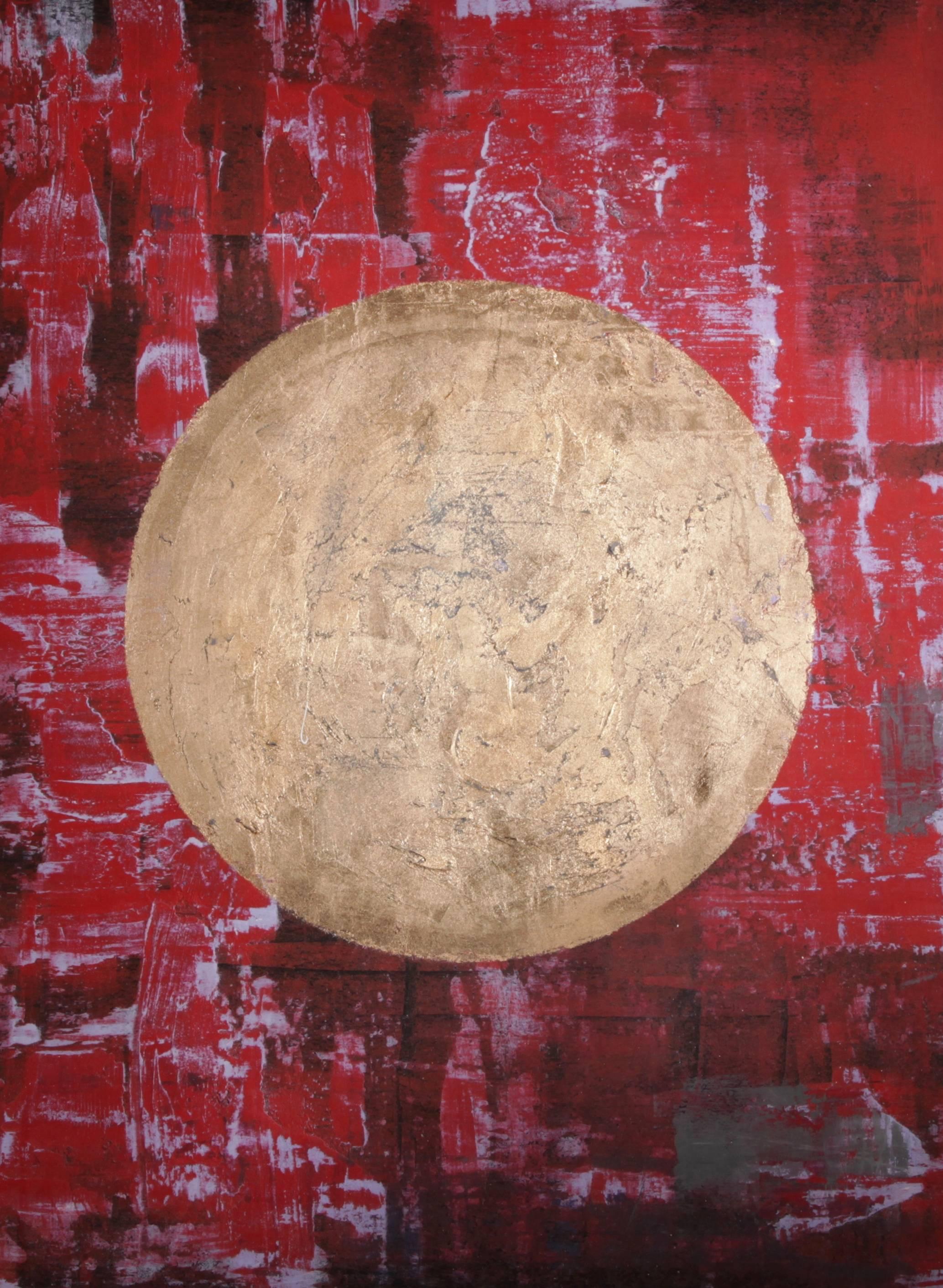 "Trenton" - abstract painting, red colors with gold planet  - Mixed Media Art by David Aiu Servan-Schreiber