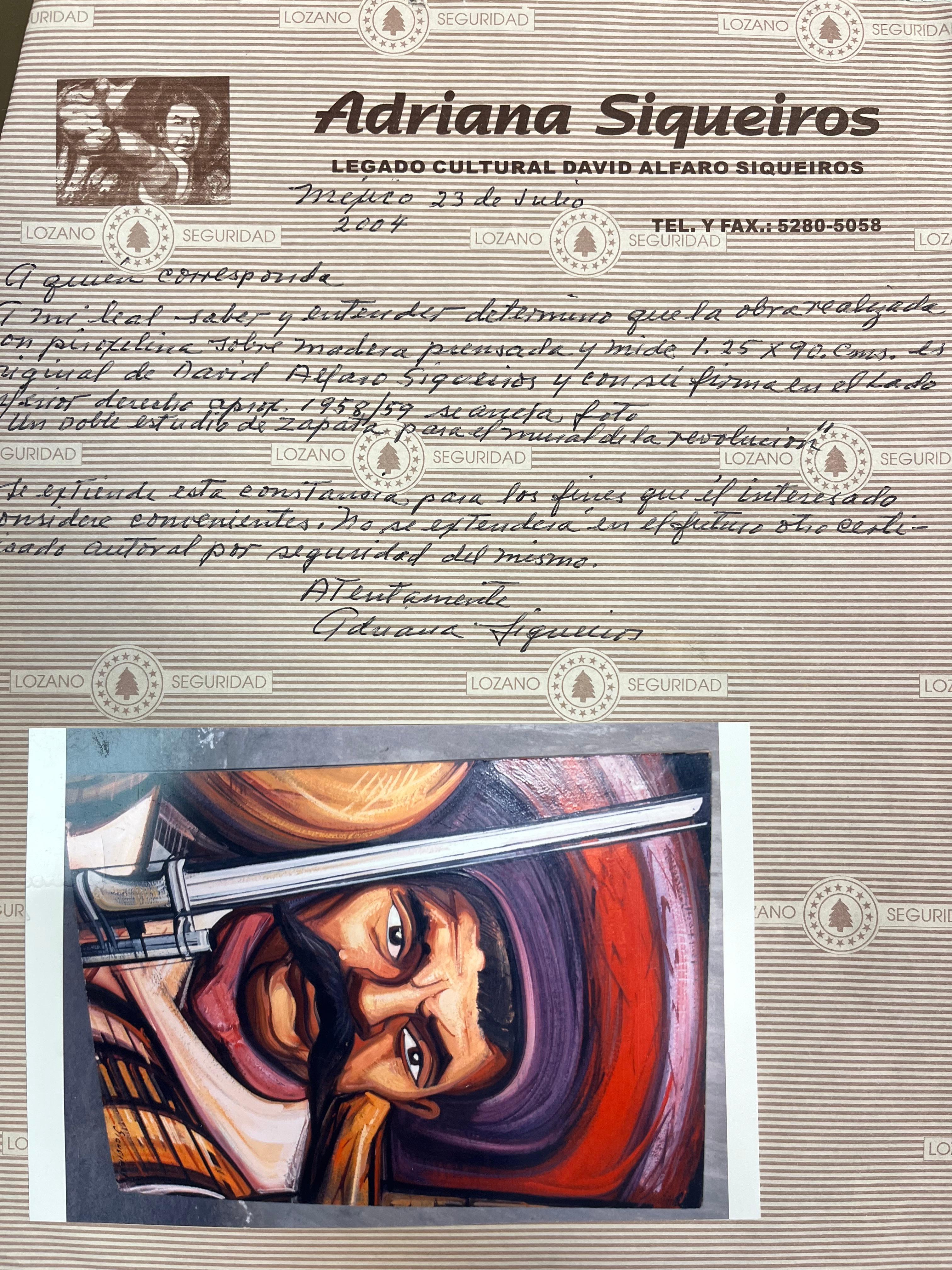 Artist: David Alfaro Siqueiros (1896-1974) Mexican
Title: Emiliano Zapata
Medium: Pyroxylin on Wood Panel, Signed Lower Right
Size: Unframed 35” x 49”, Framed 39” x 53”
Year: 1958 - 1959

Siqueiros painted a vivid study of the Mexican Revolutionary,