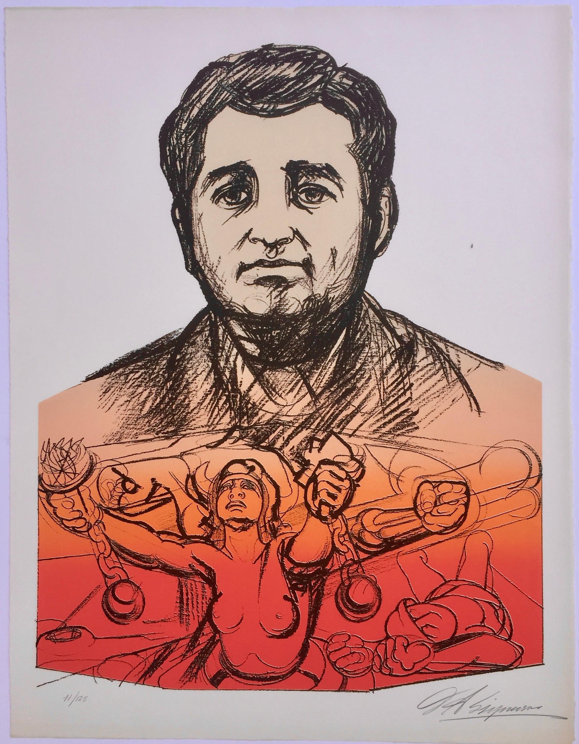 David Alfaro Siqueiros Figurative Print - HEROIC VOICE - Ruben Salazar Killed by LA Police in 1970 - Period Poster