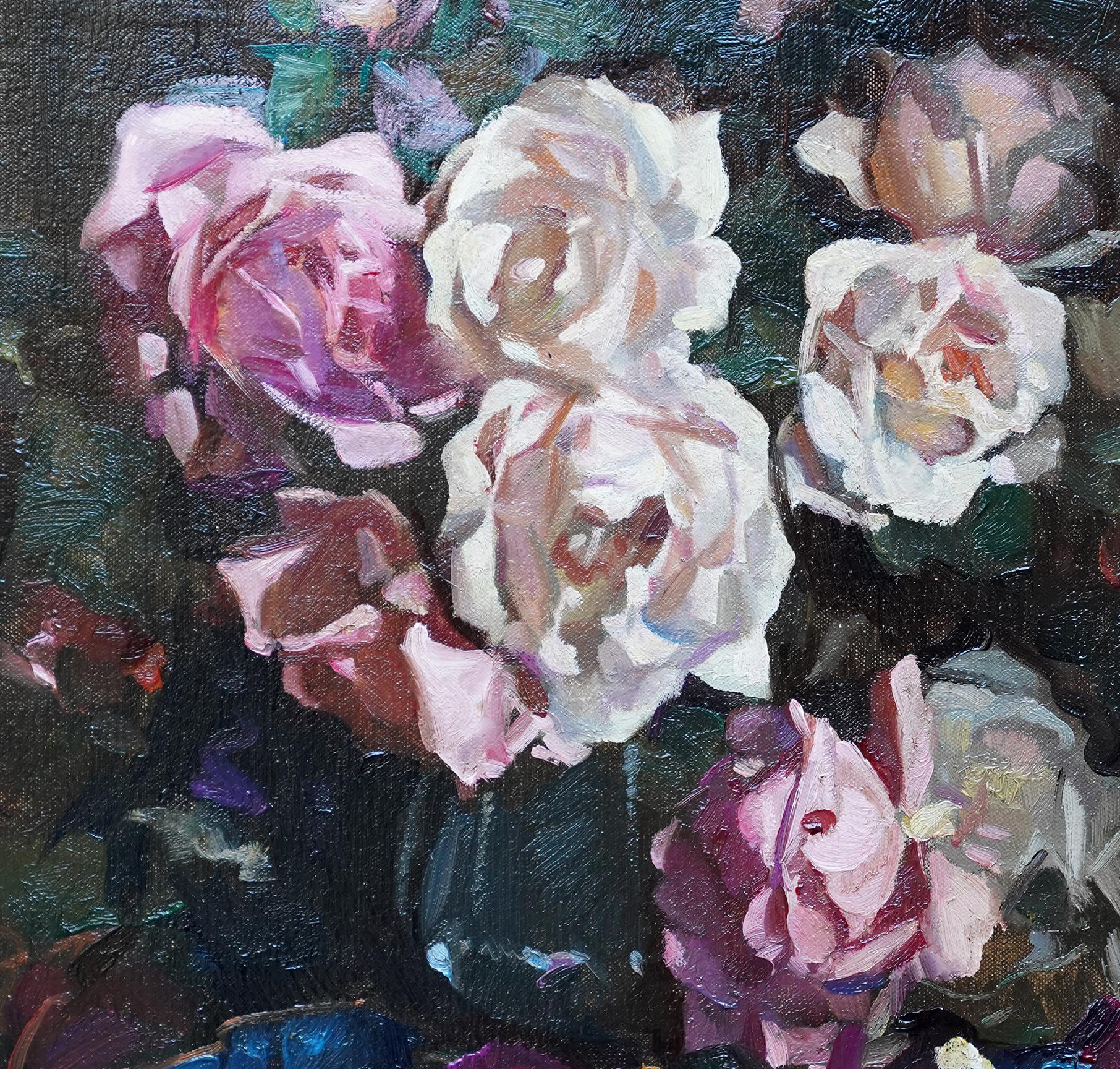 This superb floral still life oil painting is by Scottish artist David Alison. Painted circa 1930 it is an arrangement of pink roses in a glass vase on a table. The darker background makes the roses burst off the canvas with colour. A member of the