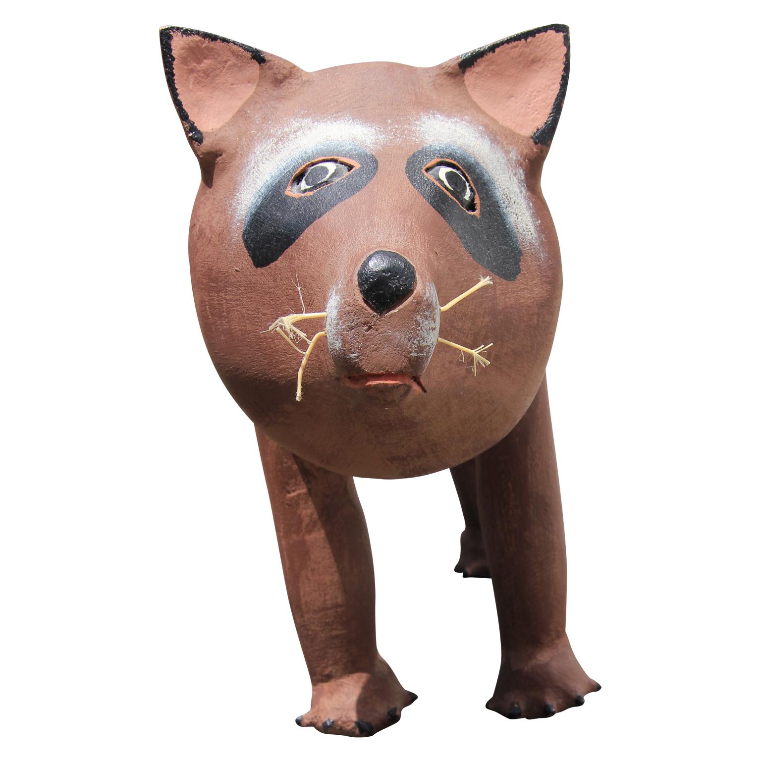 Modern Contemporary Wooden Hand Carved Raccoon Folk Art Sculpture - Brown Abstract Sculpture by David Alvarez