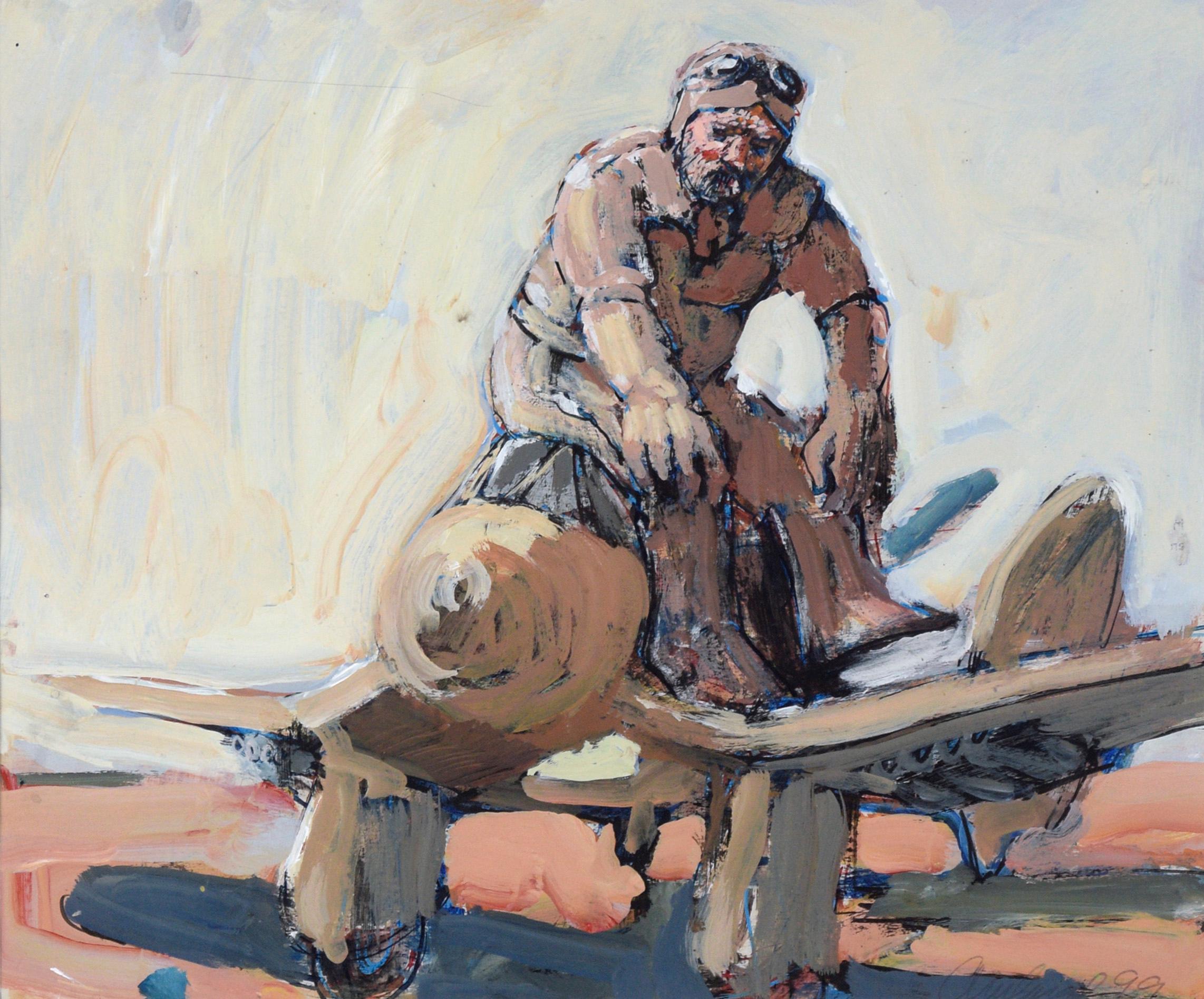 Pilots and WWII Airplanes - Double-sided Figurative Composition in Oil on Paper For Sale 5