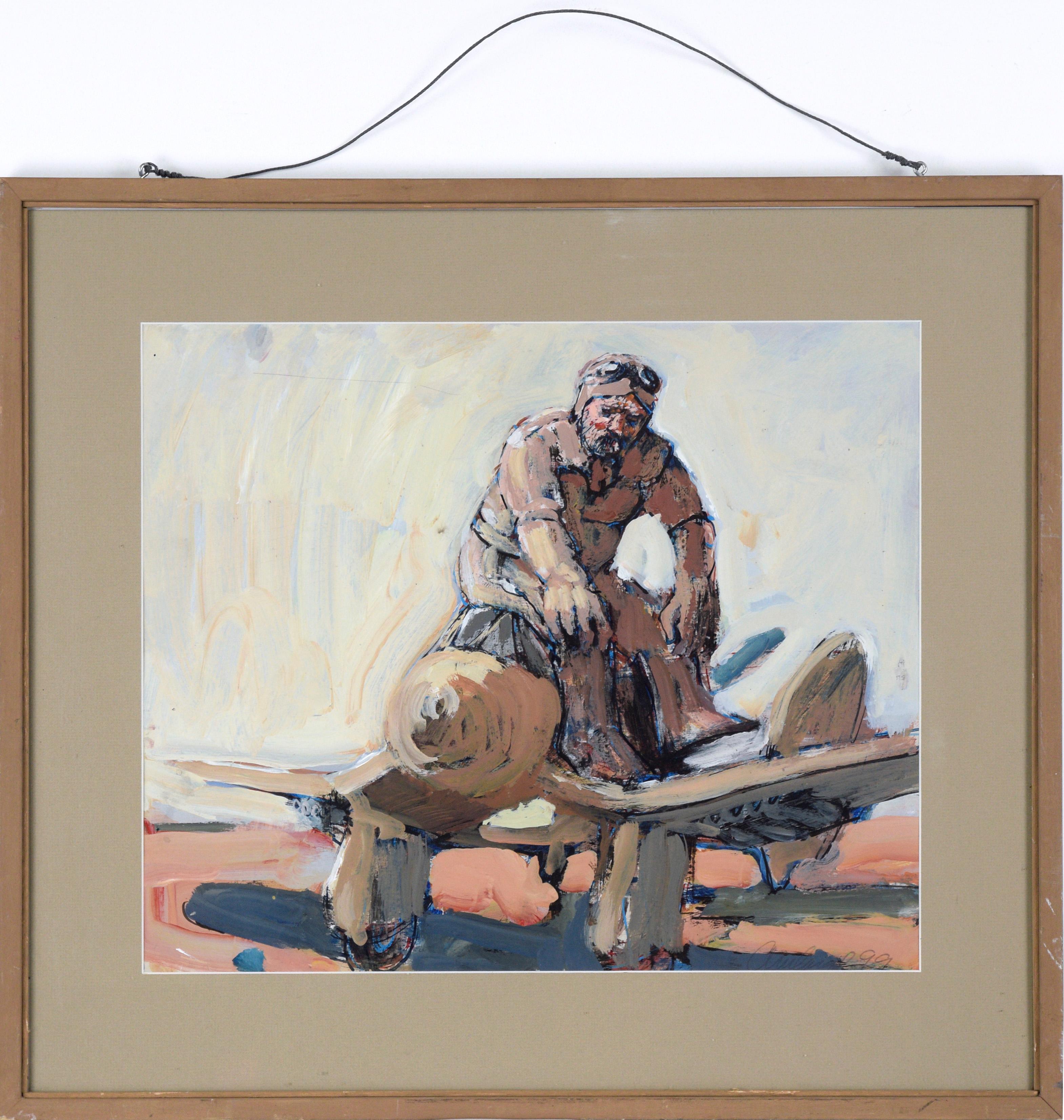 Pilots and WWII Airplanes - Double-sided Figurative Composition in Oil on Paper For Sale 4