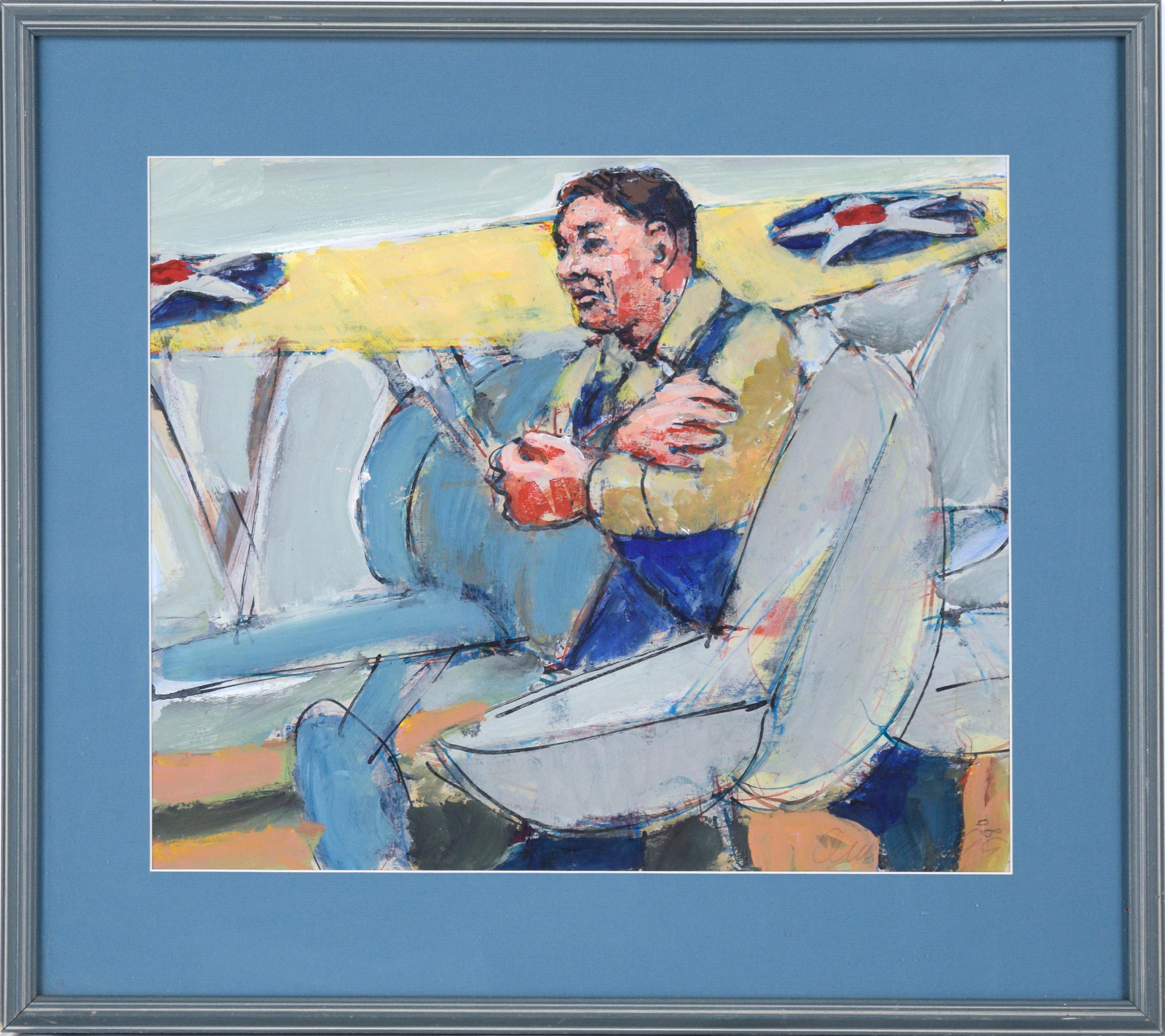 David Amland Figurative Painting - Pilots and WWII Airplanes - Double-sided Figurative Composition in Oil on Paper