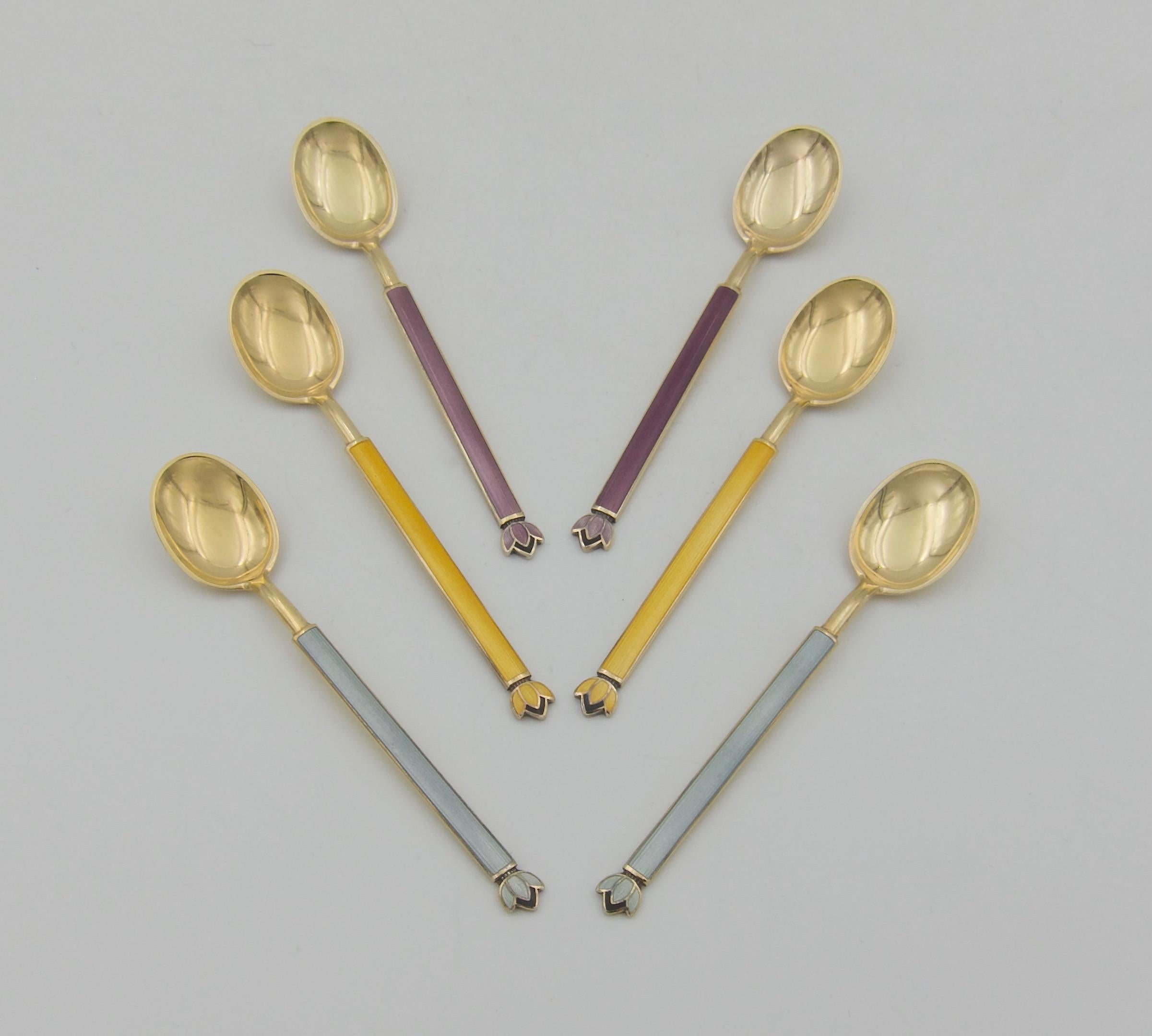 Enameled David Andersen Gilt Sterling Silver and Enamel Demitasse Spoon Set